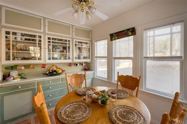 interior space featuring ceiling fan