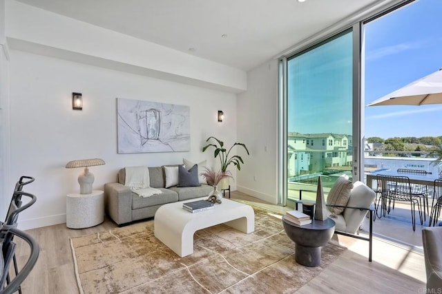 living room featuring floor to ceiling windows and light hardwood / wood-style floors