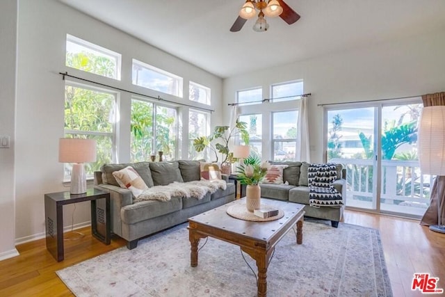 living room featuring light hardwood / wood-style floors, ceiling fan, and a wealth of natural light