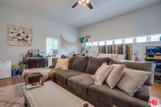 living room featuring ceiling fan and hardwood / wood-style flooring