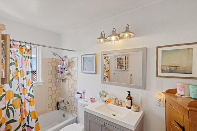 full bathroom featuring toilet, large vanity, and shower / bath combination with curtain