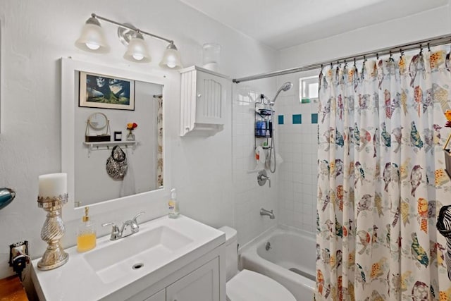 full bathroom featuring toilet, shower / tub combo with curtain, and vanity