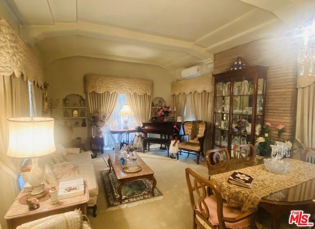 living room featuring an AC wall unit, brick wall, and carpet