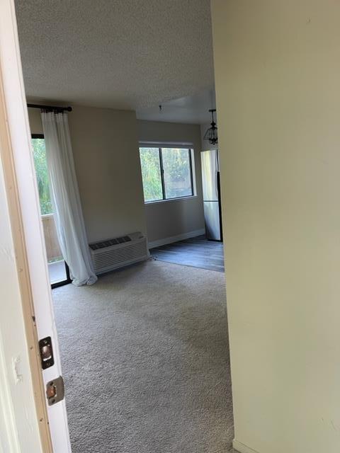 interior space featuring a textured ceiling and light carpet