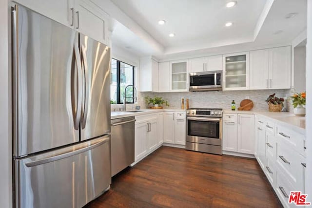 kitchen with appliances with stainless steel finishes, dark wood-type flooring, white cabinetry, and a tray ceiling