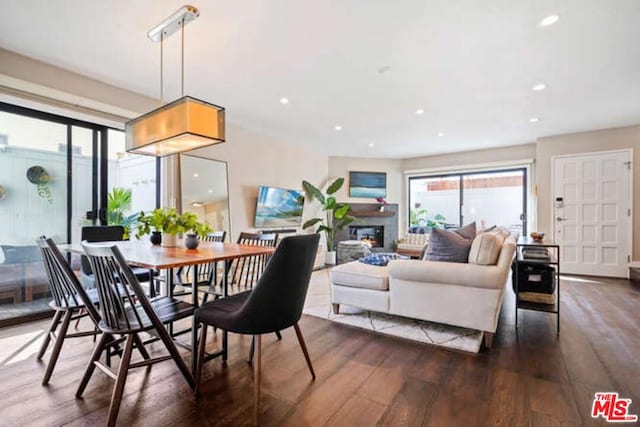 dining space with dark hardwood / wood-style flooring