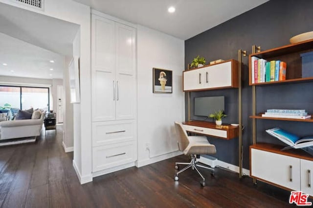 home office with dark hardwood / wood-style floors