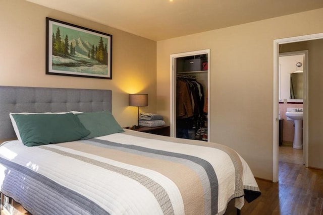 bedroom featuring ensuite bathroom, a spacious closet, a closet, and wood-type flooring