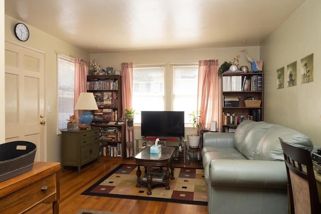 living room with dark hardwood / wood-style floors