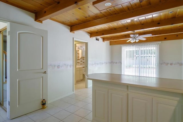 kitchen with ceiling fan, white cabinetry, and wooden ceiling