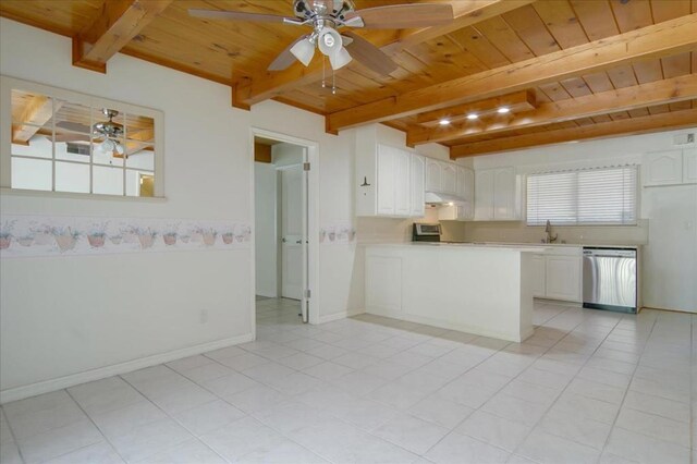 kitchen with beam ceiling, dishwasher, and ceiling fan