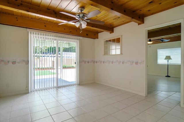 tiled empty room featuring ceiling fan, beamed ceiling, and wooden ceiling