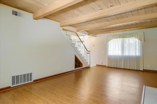 unfurnished living room with wood-type flooring, beamed ceiling, and wood ceiling