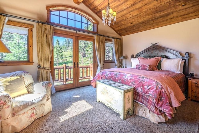 bedroom with a chandelier, access to exterior, wood ceiling, lofted ceiling, and dark colored carpet