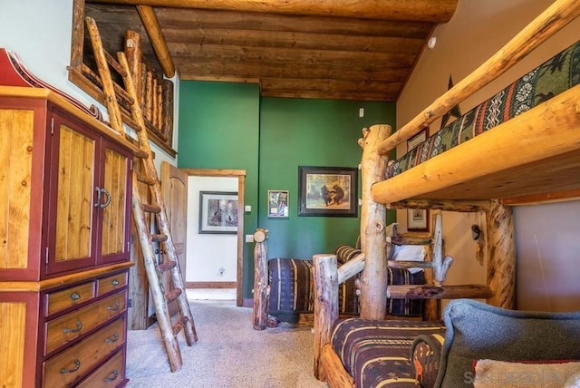 interior space with light carpet, lofted ceiling, and wood ceiling