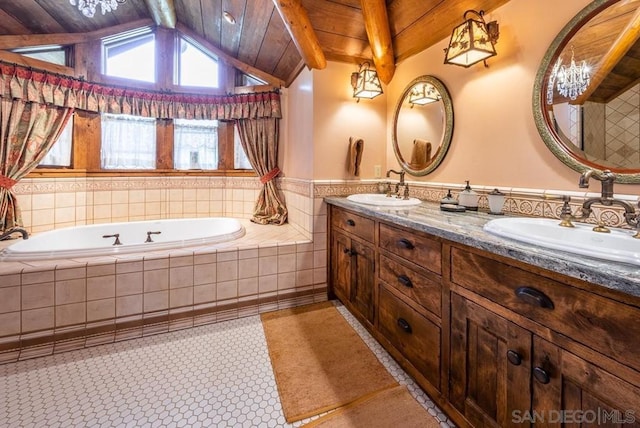 bathroom featuring vaulted ceiling with beams, oversized vanity, wood ceiling, tile flooring, and dual sinks