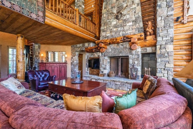 living room featuring wooden ceiling, rustic walls, a stone fireplace, and a towering ceiling