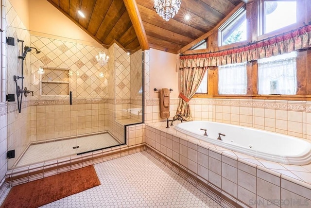 bathroom with lofted ceiling, tile floors, independent shower and bath, and wood ceiling