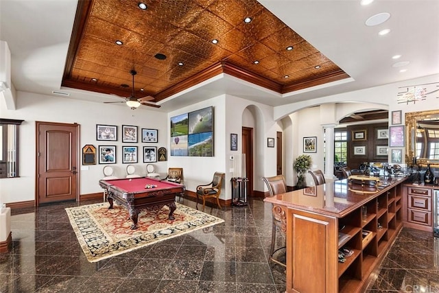 rec room featuring ceiling fan, wood ceiling, pool table, dark tile flooring, and a raised ceiling