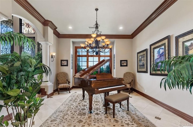 misc room featuring crown molding, a notable chandelier, light tile floors, and ornate columns