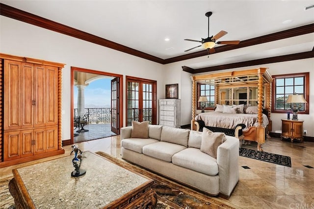 living room with french doors, tile flooring, crown molding, and ceiling fan