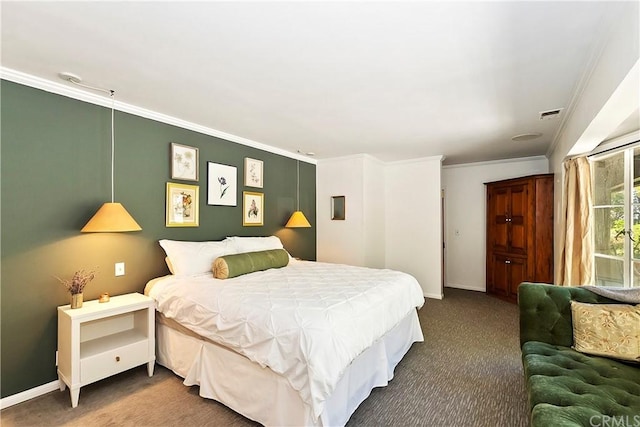 bedroom featuring dark colored carpet and ornamental molding