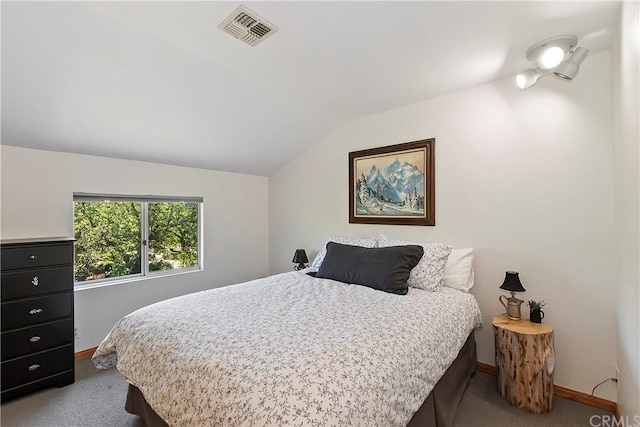 bedroom featuring lofted ceiling and carpet flooring