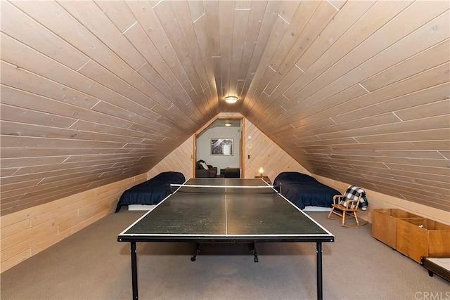 game room with wood walls, carpet floors, vaulted ceiling, and wooden ceiling