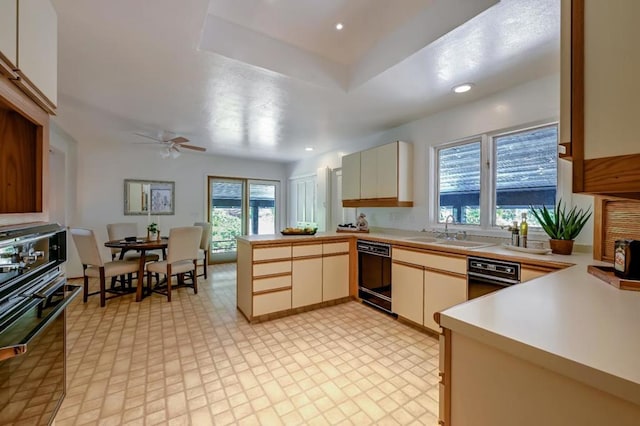 kitchen with sink, black dishwasher, kitchen peninsula, and plenty of natural light