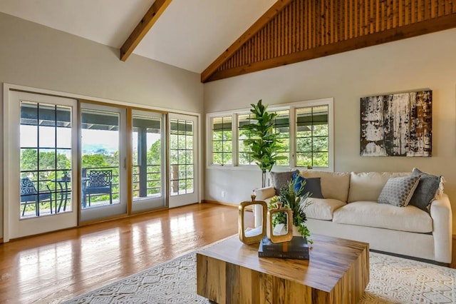 living room with high vaulted ceiling and light wood-type flooring