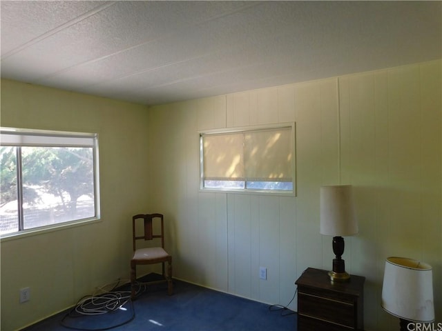 unfurnished room with dark colored carpet and a textured ceiling