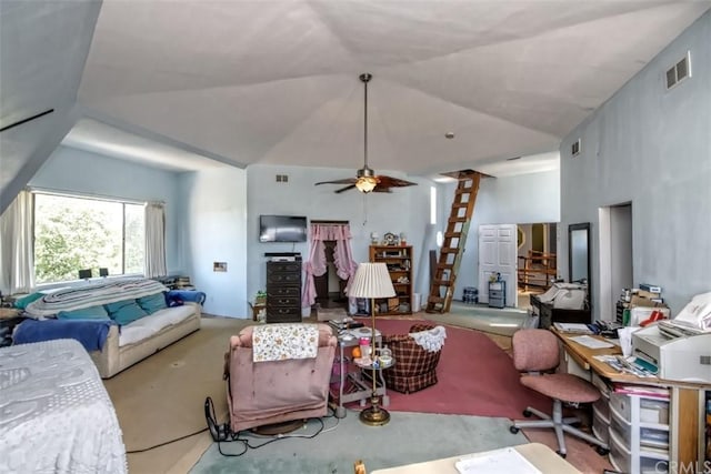 living room featuring lofted ceiling and ceiling fan