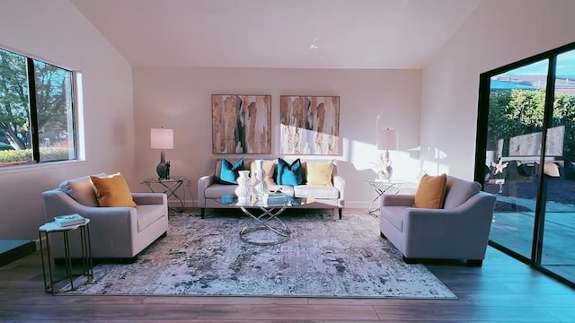 living room featuring wood-type flooring and vaulted ceiling