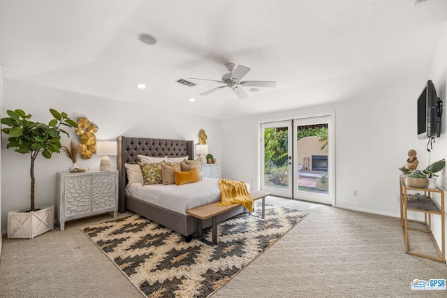 carpeted bedroom with ceiling fan and access to outside