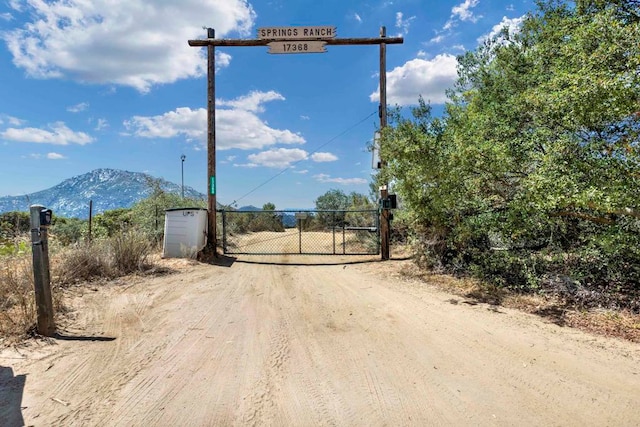 view of street featuring driveway, a gate, a gated entry, and a mountain view