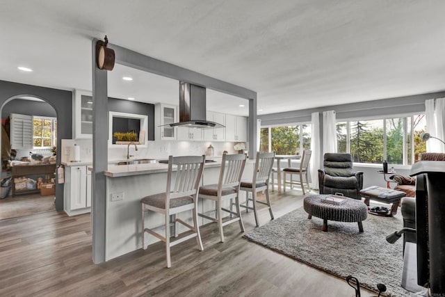 kitchen with light wood-style floors, range hood, white cabinetry, and light countertops