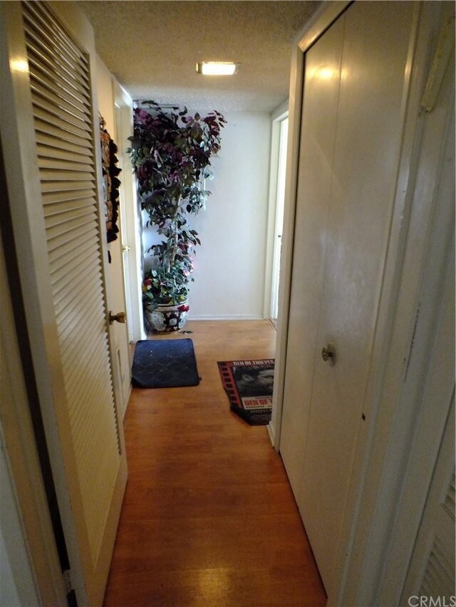 hallway featuring a textured ceiling and light hardwood / wood-style floors