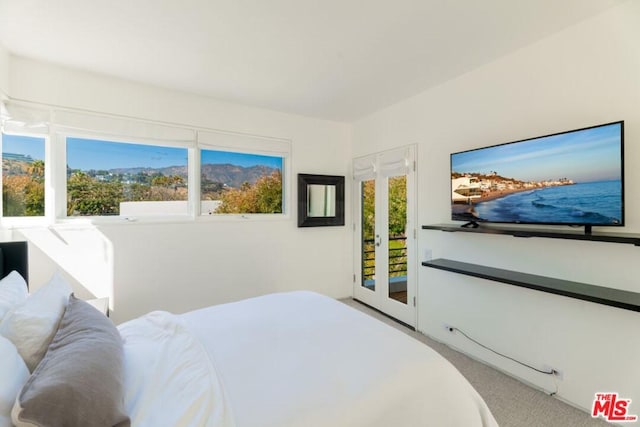 bedroom featuring light carpet, access to outside, and french doors