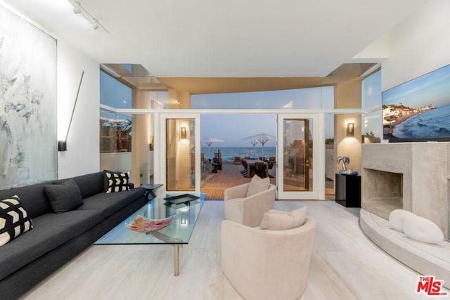 living room with french doors, a premium fireplace, and track lighting