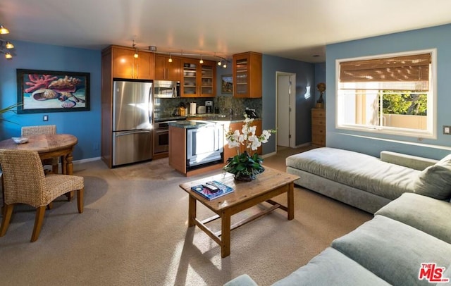 living room featuring track lighting and carpet