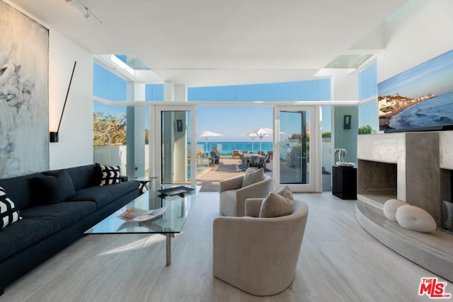 living room with a fireplace, light hardwood / wood-style flooring, and a water view