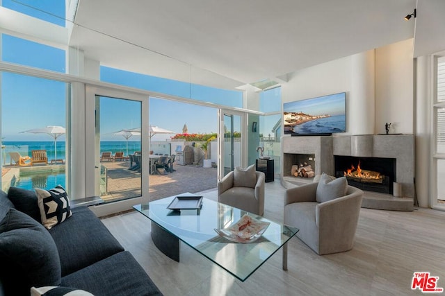 living room featuring a high end fireplace, plenty of natural light, and a water view