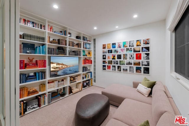 sitting room featuring carpet floors and built in shelves