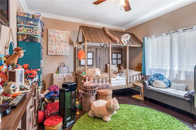 bedroom with crown molding, ceiling fan, and dark hardwood / wood-style flooring