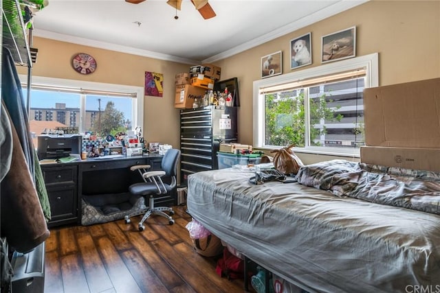 bedroom with ceiling fan, dark hardwood / wood-style floors, and crown molding