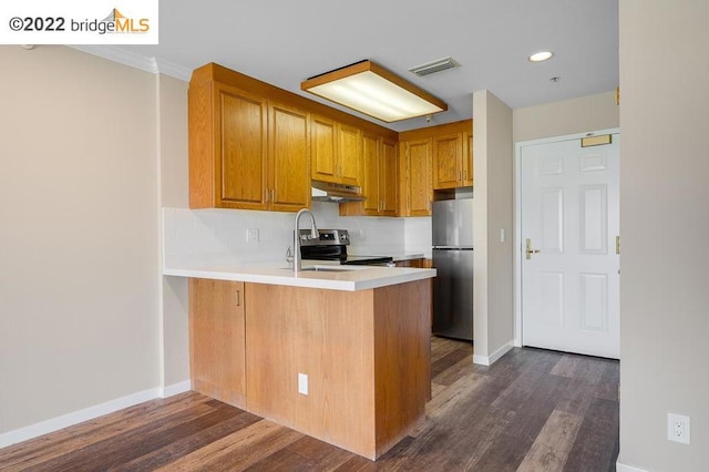 kitchen with kitchen peninsula, tasteful backsplash, stainless steel appliances, dark wood-type flooring, and sink