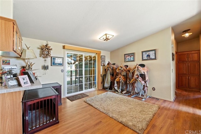 interior space with vaulted ceiling and hardwood / wood-style flooring