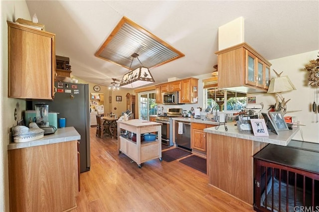 kitchen featuring appliances with stainless steel finishes, hanging light fixtures, sink, and light hardwood / wood-style flooring