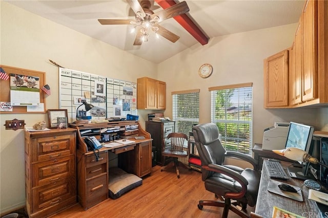 office space with lofted ceiling with beams, ceiling fan, and light hardwood / wood-style flooring