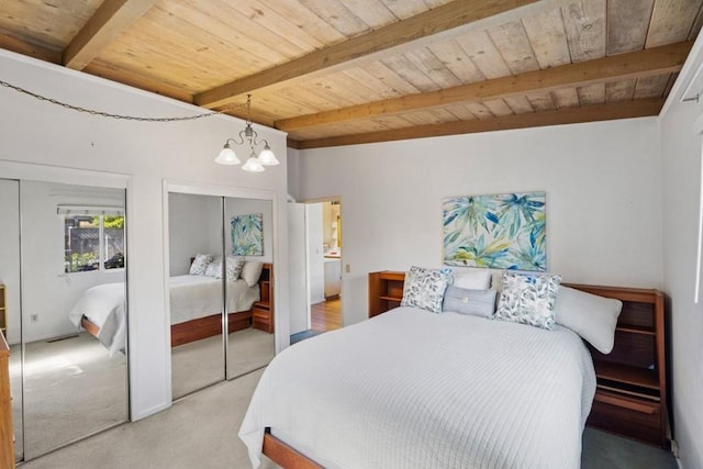 bedroom with light carpet, an inviting chandelier, wooden ceiling, and beamed ceiling